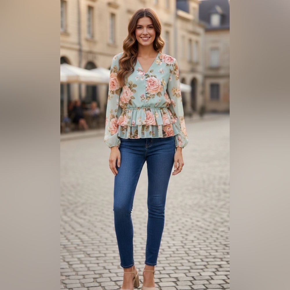 Pleione Floral Blouse - Blue and Orange Floral with Layered Ruffle Hem -Medium